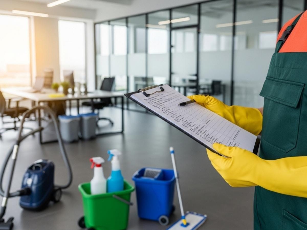 Commercial cleaner reviewing a cleaning service checklist inside a modern office building in Australia.