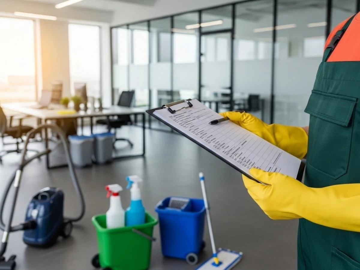 Commercial cleaner reviewing a cleaning service checklist inside a modern office building in Australia.