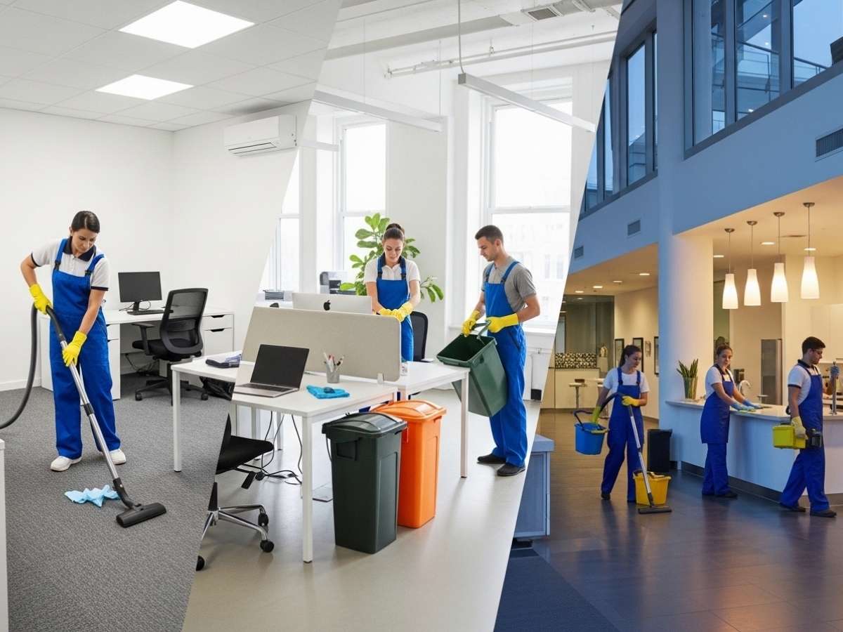 Cleaners working in small, medium, and large office spaces to illustrate average office cleaning time benchmarks.