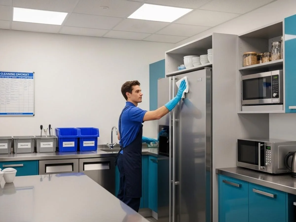 Professional cleaner disinfecting high-touch surfaces in a shared office kitchen with a visible cleaning schedule.