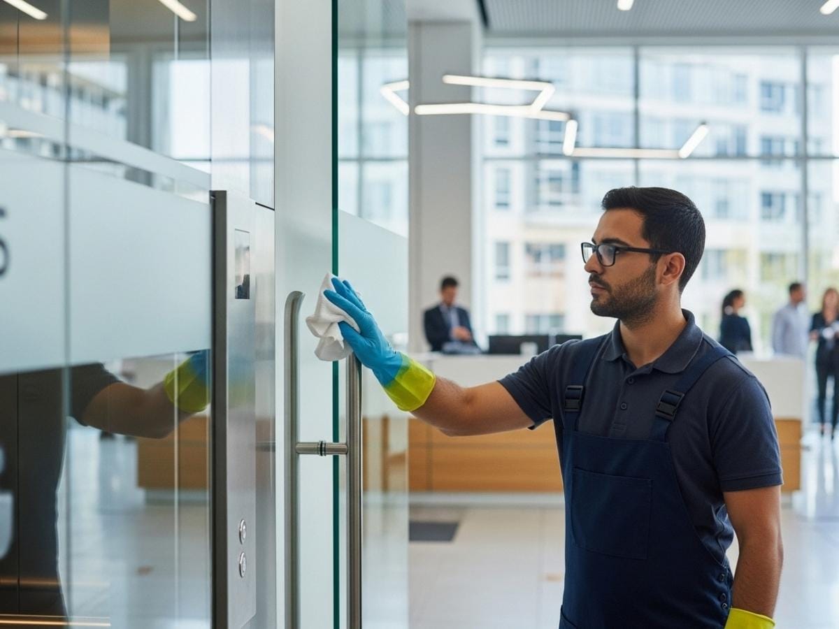 Professional cleaner disinfecting elevator buttons and door handles in a busy corporate office building.