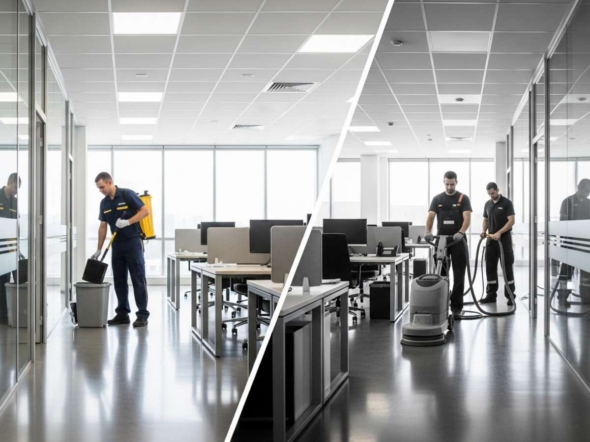 Office cleaning staff performing daily janitorial tasks while a commercial team performs floor polishing and carpet cleaning in a modern office.