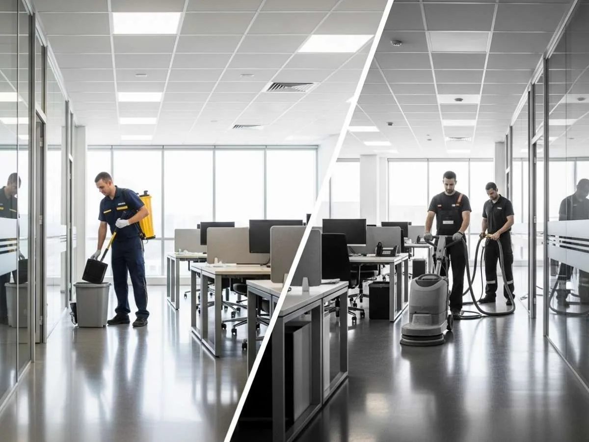Office cleaning staff performing daily janitorial tasks while a commercial team performs floor polishing and carpet cleaning in a modern office.