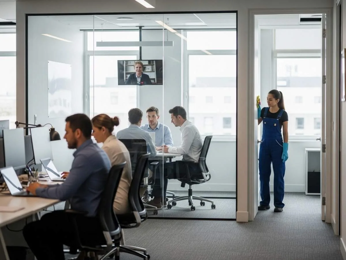 Office employees working during the day while a cleaner quietly maintains shared spaces without disrupting productivity.