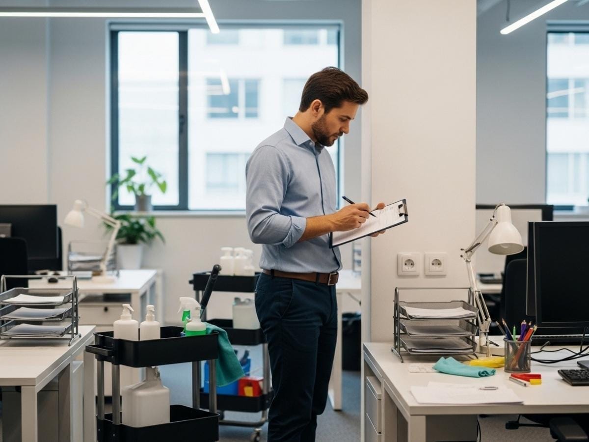 Office manager reviewing cleaning quality in a modern workplace, checking desks, switches, and shared equipment with a checklist.