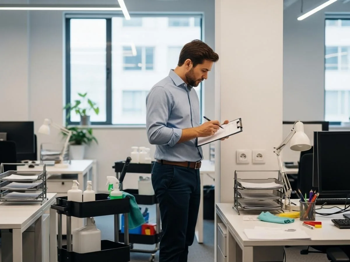 Office manager reviewing cleaning quality in a modern workplace, checking desks, switches, and shared equipment with a checklist.
