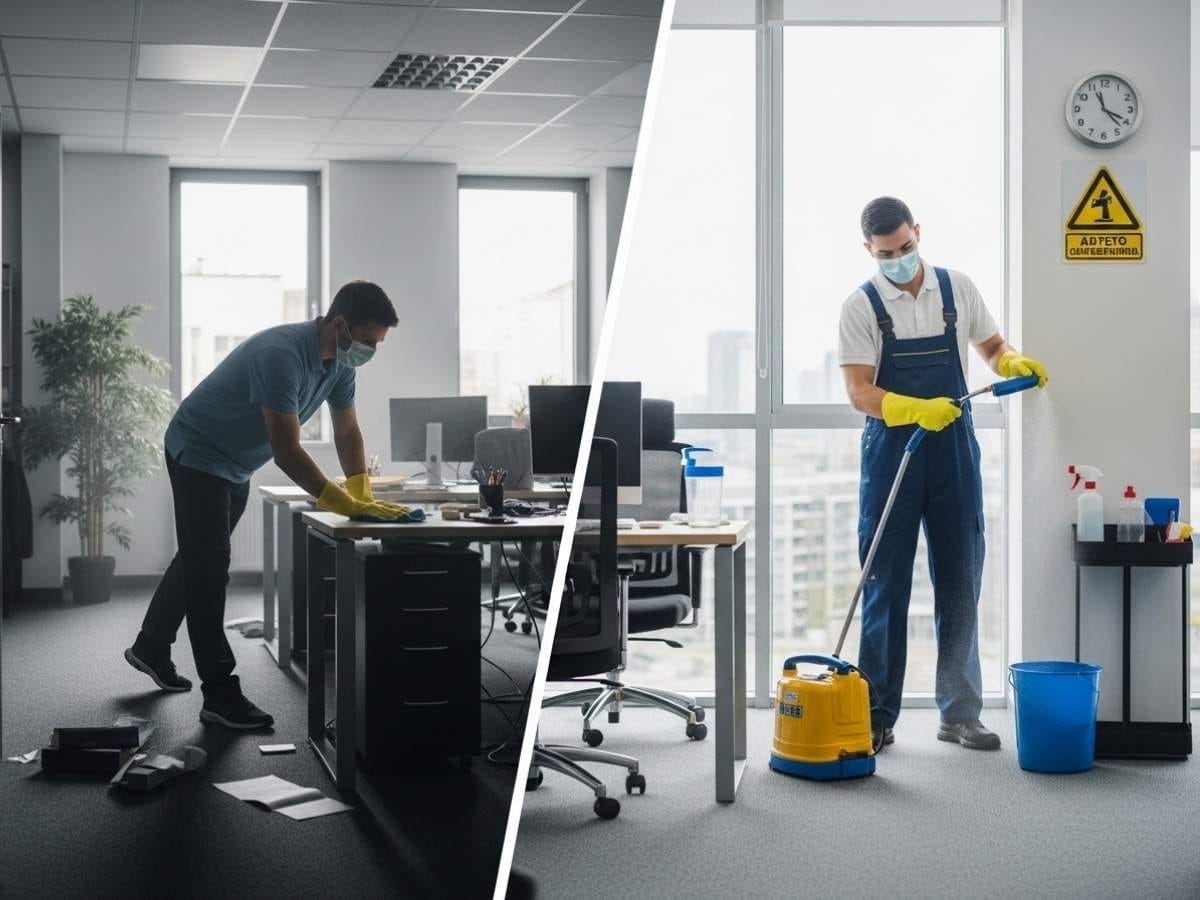 Side-by-side comparison of rushed office cleaning versus professional commercial cleaning service in a modern workplace.