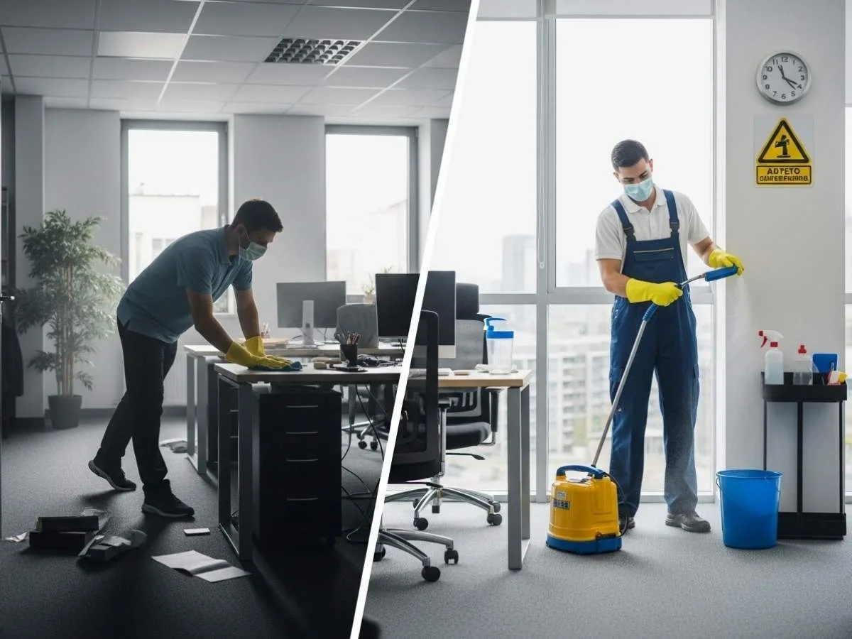 Side-by-side comparison of rushed office cleaning versus professional commercial cleaning service in a modern workplace.