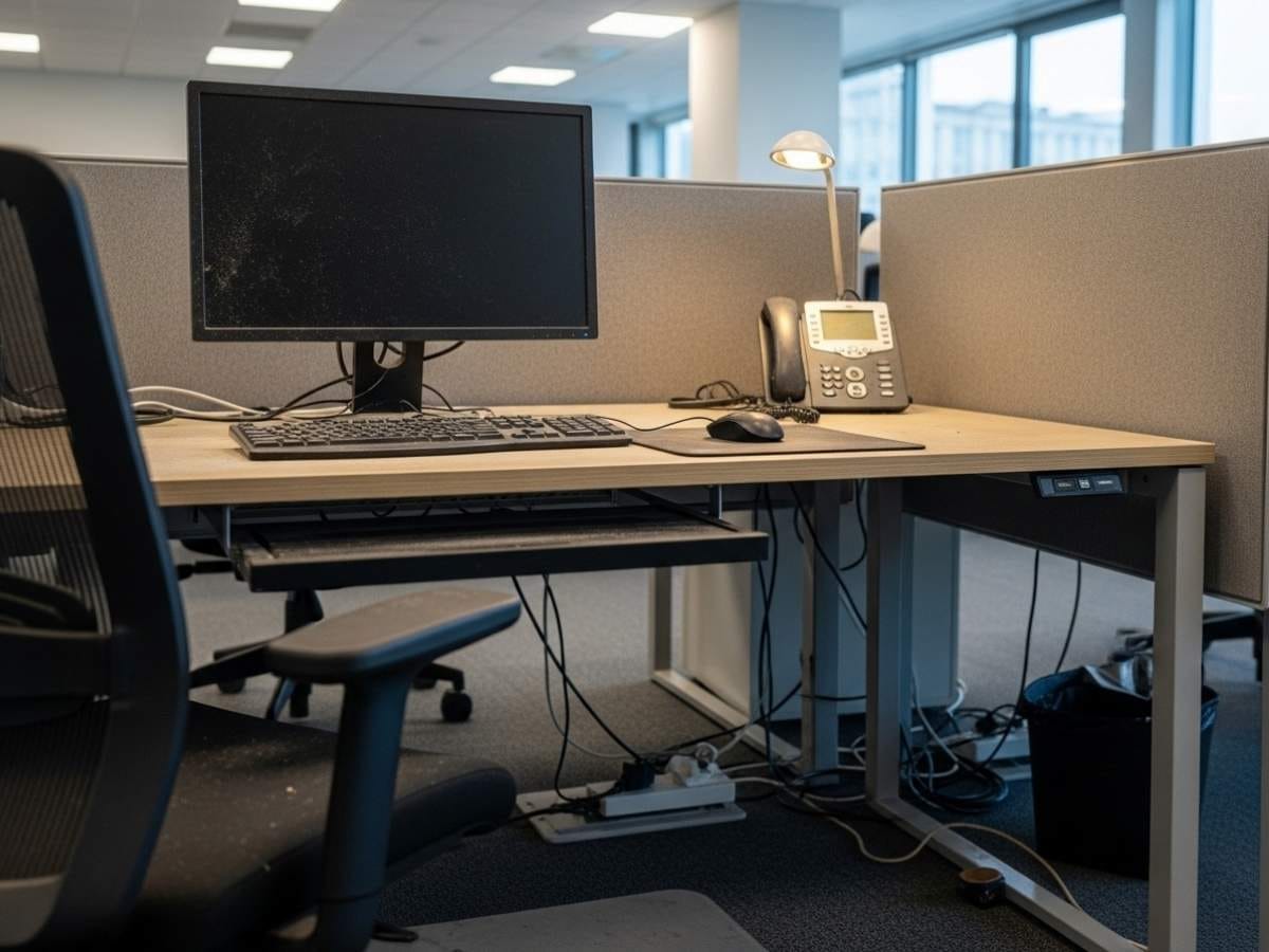 Office workstation with a clean desk surface but dust and grime visible on monitor base, keyboard tray, and under-desk areas.